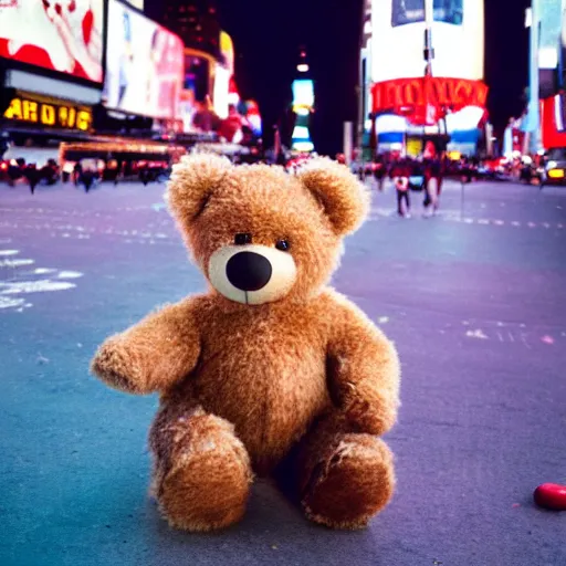 Prompt: photo teddy bear on skateboard in times square, cinestill, 800t, 35mm, full-HD