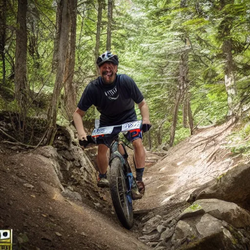 Prompt: 38 year old male on a full suspension mountain bike riding down a steep and rocky trail with a big smile on his face, ultrarealistic, 4K