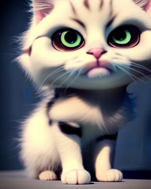 Prompt: cute fluffy kitten with big eyes, portrait, pixar character, octane render, very detailed