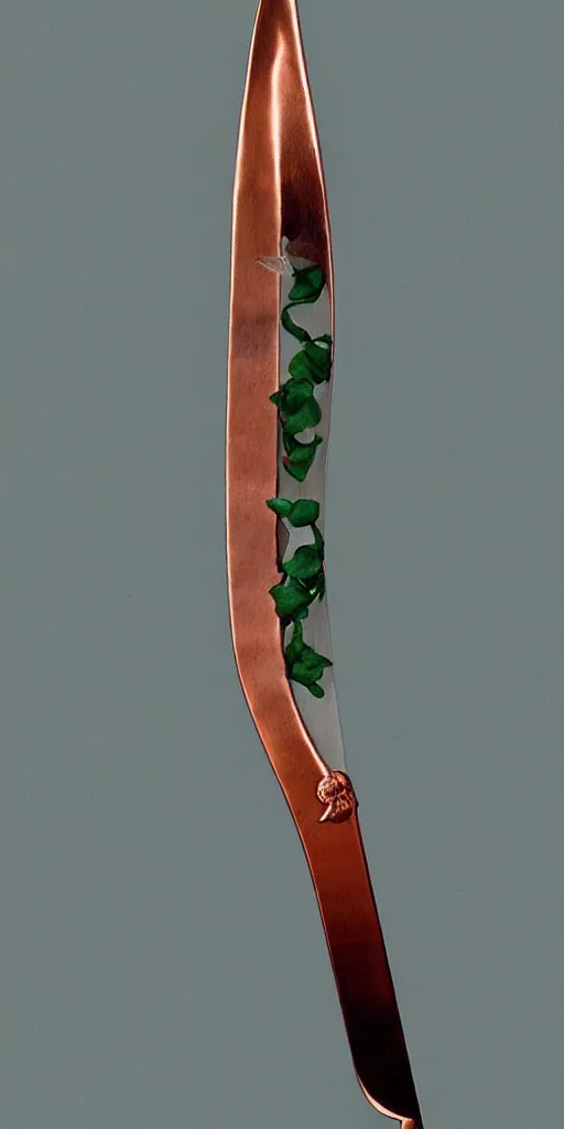 Image similar to a sword made from flower petals in the style of zdzisław beksinski, elegant, thin, polished blade, copper and emerald