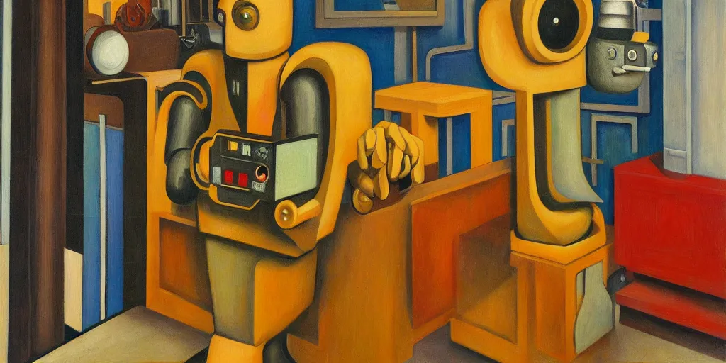 Prompt: robot using a control panel portrait, lowbrow, pj crook, grant wood, edward hopper, oil on canvas