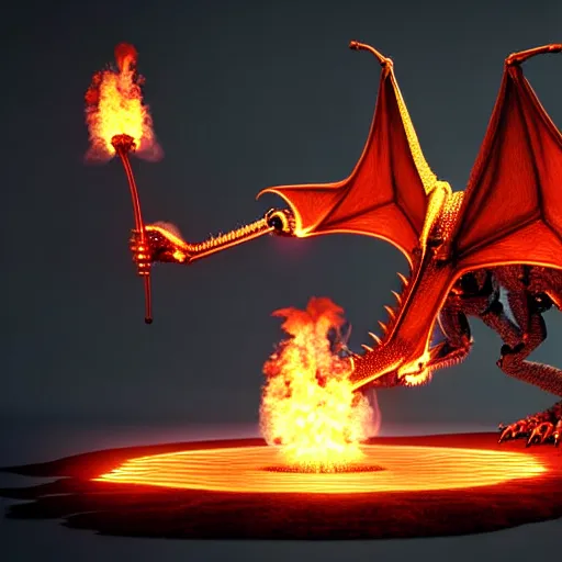 Prompt: an illustration of the full body of a robotic anthromorphic dragon emitting flames from its hands, floating off the ground, photorealistic 3D render, coherent like Dall-E 2