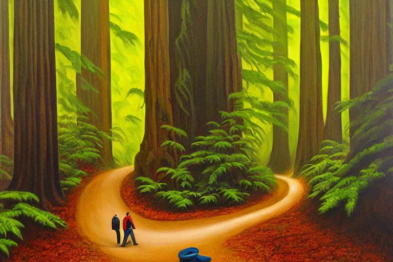 Prompt: a stunning wpa style painting of a man walking down a mysterious path in a redwood forest, award winning art, banana slug