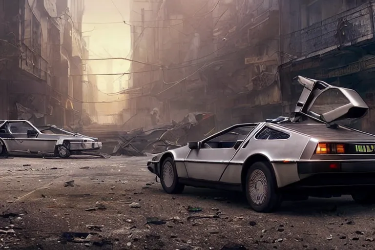 Image similar to highly detailed photorealistic rendering of the delorean from back to the future parked on the streets of a cyberpunk abandoned city, futuristic post - apocalyptic vibe, by greg rutkowski and stanley artgerm and alphonse mucha, octane, sharp focus, hyperrealistic, unreal engine 5, vray, masterpiece