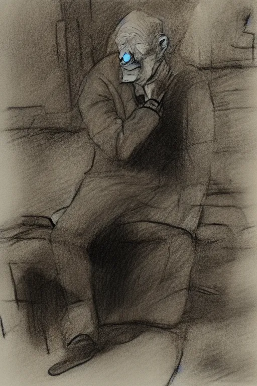 Image similar to an older man sitting alone drawn by raymond briggs, very coherent and colorful high contrast, pencil drawing, sad lighting, somber mood