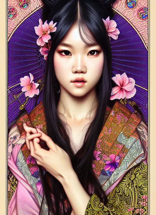 Prompt: jossi of blackpink, yukata, tarot card, highly detailed, digital painting, smooth, sharp focus, illustration, ultra realistic, 8 k, art by artgerm and alphonse mucha