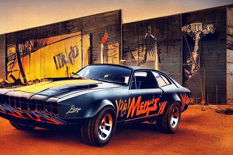 Image similar to memphis design group stylized poster of mad max's pursuit special, the last v 8 interceptor, thick neon lights, ektachrome photograph, volumetric lighting, f 8 aperture, cinematic eastman 5 3 8 4 film