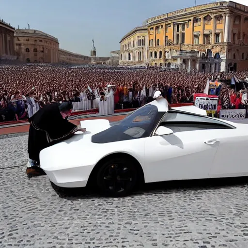 Prompt: a stunning award-winning photo of the Pope doing a sick drift in the pope mobile on St. Peter's square, dark tire marks, gray smoke coming out of the tires, very high quality, extremely detailed