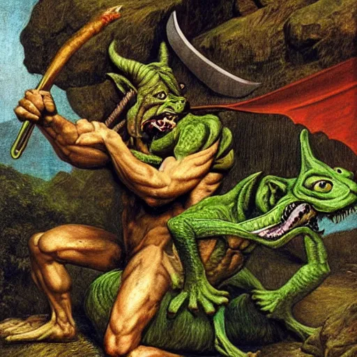 Image similar to dog - faced muscular goblin, ugly face, lizard tail, holding scimitar made of bone, scimitar, colorized, green skin, hyper - detailed, primeval fantasy, prehistoric fantasy, art by jacques - louis david