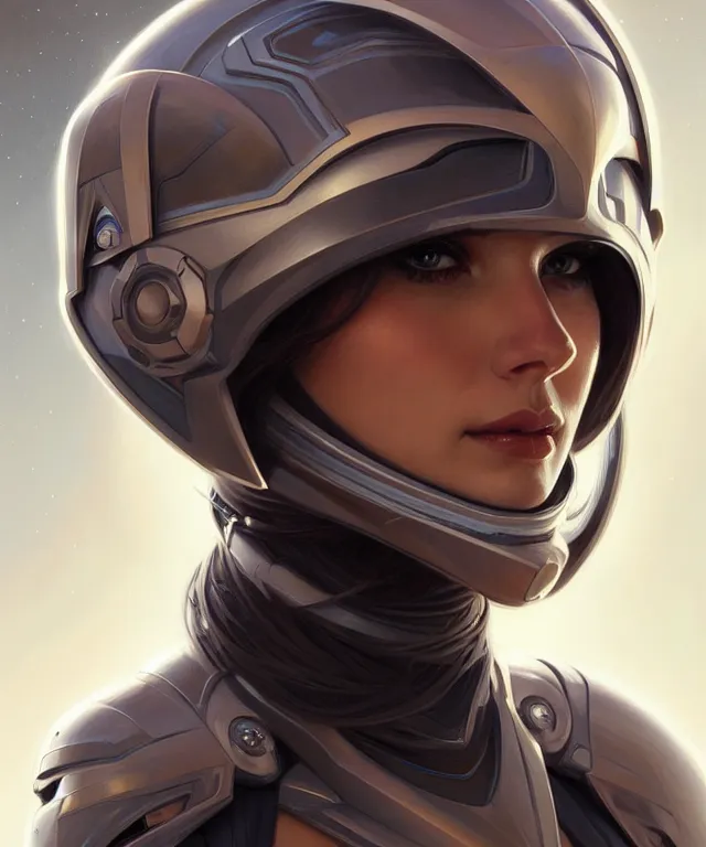 Image similar to futuristic woman in helmet portrait, sci-fi, amber eyes, face, long hair, fantasy, intricate, elegant, highly detailed, digital painting, artstation, concept art, smooth, sharp focus, illustration, art by artgerm and greg rutkowski and alphonse mucha