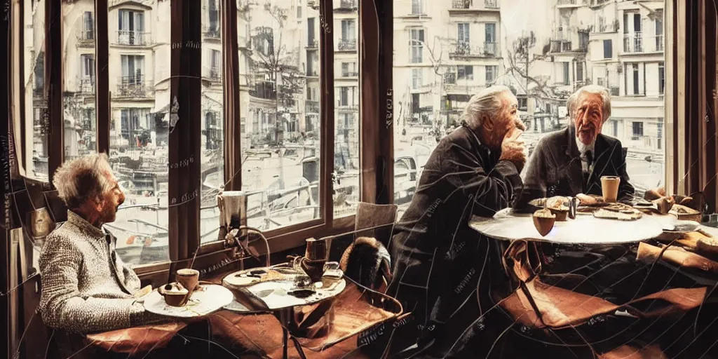 Image similar to mcgregor and jean rochefort are having a coffee. they are on nice conversation. a brown furry cat sits at the middle of the table. strong colours. nice atmosphere. 2 0 th century paris is seen on window. tobacco smoke. antique coffee cups.