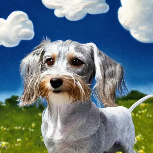 Image similar to an elderly, light gray wire-haired dachshund floating in heaven, blue sky, surrounded by beautiful white clouds, with a halo over his head