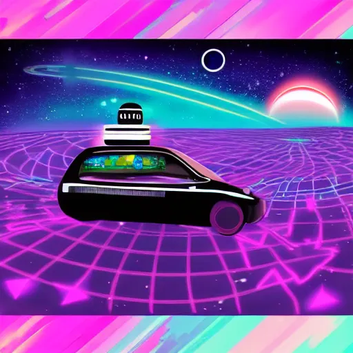 Image similar to Robot Taxi Driving through space, intergalactic background, vaporwave style