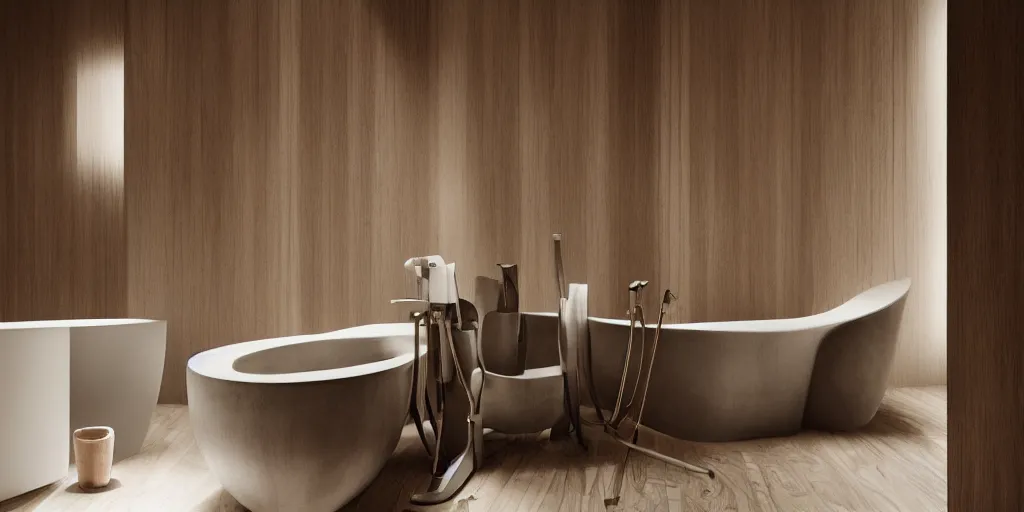 Prompt: beautiful oil matte portrait painting, modern bathroom with wood paneling and concrete walls designed by zaha hadid, wonderful masterpiece, highly detailed, beautiful cinematic light, deep focus, elegant, digital painting, smooth, sharp focus, golden ratio, dramatic illumination, ultra realistic, 8 k, art by artemisia lomi gentileschi and caravaggio