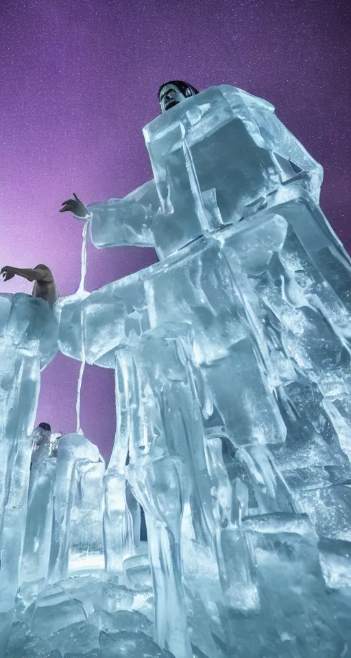 Image similar to dramatic photo, full body statue of rapper'ice cube'frozen in ice at harbin ice festival, full body, wide angle photo, award winning, aurora borealis