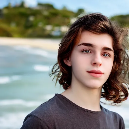 Image similar to portrait of a beautiful teenage boy around 2 0 yo. natural brown hair, pale skin. beach background. detailed face.