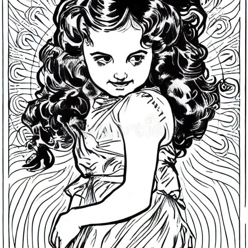 Image similar to clean simple line art of a little girl with wavy curly hair in an elegant dress. white background. well composed, clean black and white line drawing, beautiful detailed face. illustration by steve ditko and jack kirby and alphonse mucha