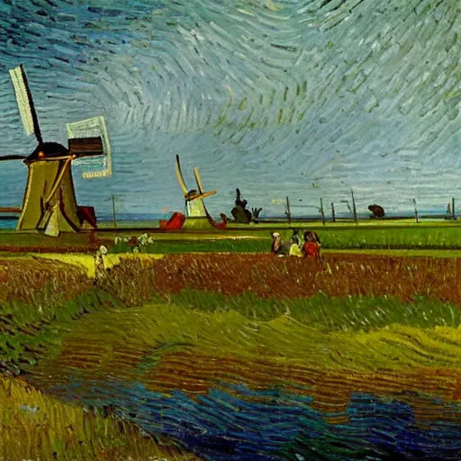 Prompt: the dutch landscape with traditional windmills standing next to a lake, lots of bicycles and a man drinken beer by Vincent van Gogh,