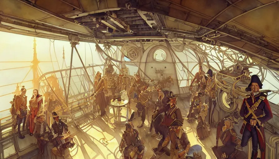 Image similar to airship interior bridge of warship, captain and bridge crew, french baroque, napoleonic, dieselpunk science fiction, steampunk, sharp, concept art watercolor illustration by mandy jurgens and alphonse mucha, dynamic lighting