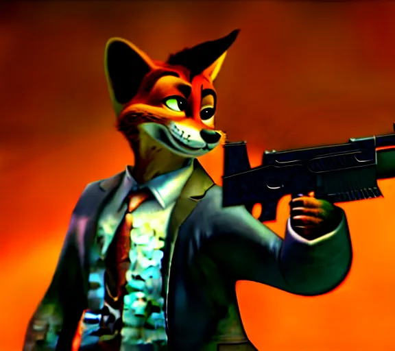 Image similar to nick wilde as max payne in max payne 3 set in gritty neo - noir zootopia, favela level