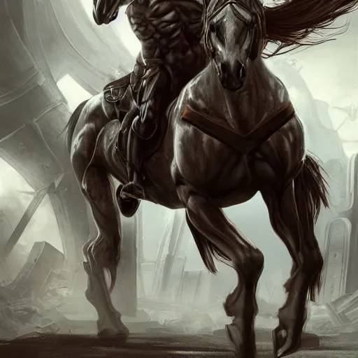 Prompt: a hyper - muscular anthro horse with a magnificently muscular physique wearing tactical gear standing in the ruins of a facility, equine, highly detailed, digital painting, artstation, concept art, magic the gathering, illustration by artgerm, greg rutkowski