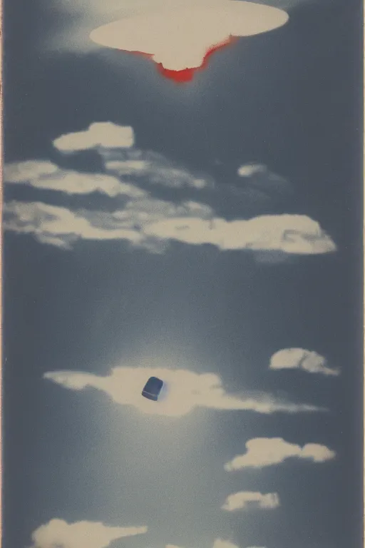 Image similar to vintage polaroid of a beautiful woman spotting a ufo in the sky, seen from behind, detailed clouds, warm azure tones, red color bleed, film grain