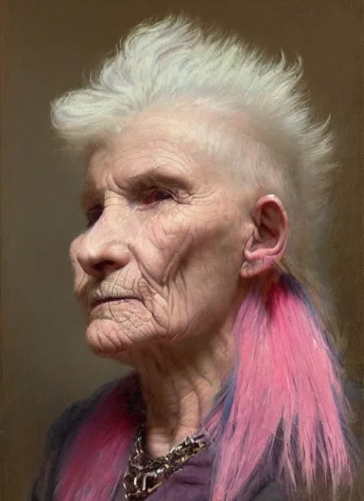 Image similar to a detailed portrait of old woman with a mohawk by edouard bisson, year, 1 9 0 0, pink hair, punk rock, oil painting, muted colours, soft lighting