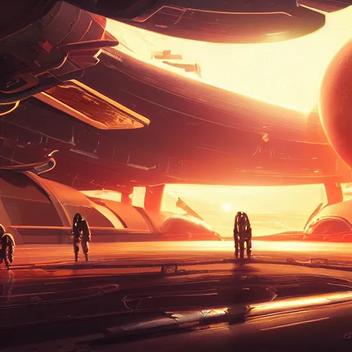 Image similar to a spaceport environment invaded by dark aliens, background art, pristine concept art, small, medium and large design elements, golden hour, in the style of WLOP and Ross Tran