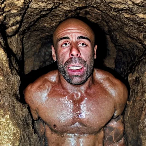 Prompt: photo inside a cavern of a wet reptilian humanoid rapper joe rogan partially hidden behind a rock with black eyes open mouth and big teeth