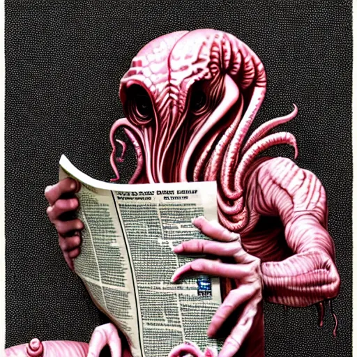 Prompt: humanoid cthulhu vis sitting on a toilet, he is reading a newspaper. the location is a pink and girlish bathroom. The mood is friendly and welcoming. highly detailed, digital painting, artstation, concept art, sharp focus, illustration, art by Sandro Botticelli and Michelangelo and leonardo da vinci