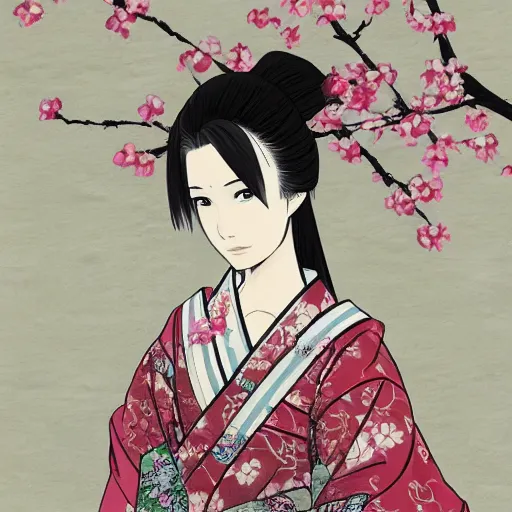 Prompt: portrait of a female samurai in kimono unsheathing sword, cherry blossom petals in the scene, extremely finely detailed, sharp focus, character illustration, trending on pixiv fanbox, art by hajime isayama, akihiko yoshida. n - 4