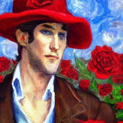 Image similar to an impressionist painting of a tall man with blue eyes and brown hair stands in the middle of a field of red roses. He is wearing a leather wide brim hat and a leather vest. He holds a single red rose in his hand