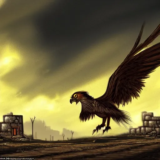 Prompt: Golden-Brown Gryphon Walking Toward and Seeking Shelter in a Walled Settlement in the Fallout Wasteland, Dust in the Air, Windy, Fantasy Art