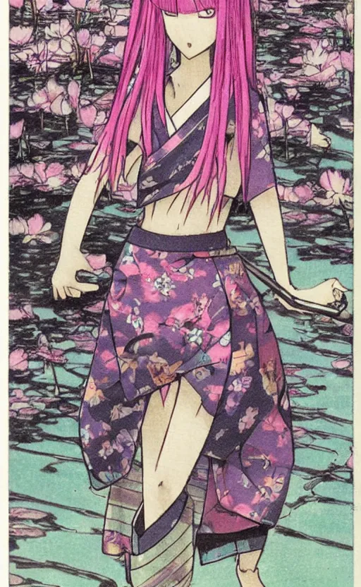 Prompt: by akio watanabe, manga art, a pink hair girl walking on wooden lake bridge and iris flowers, trading card front, kimono, realistic anatomy