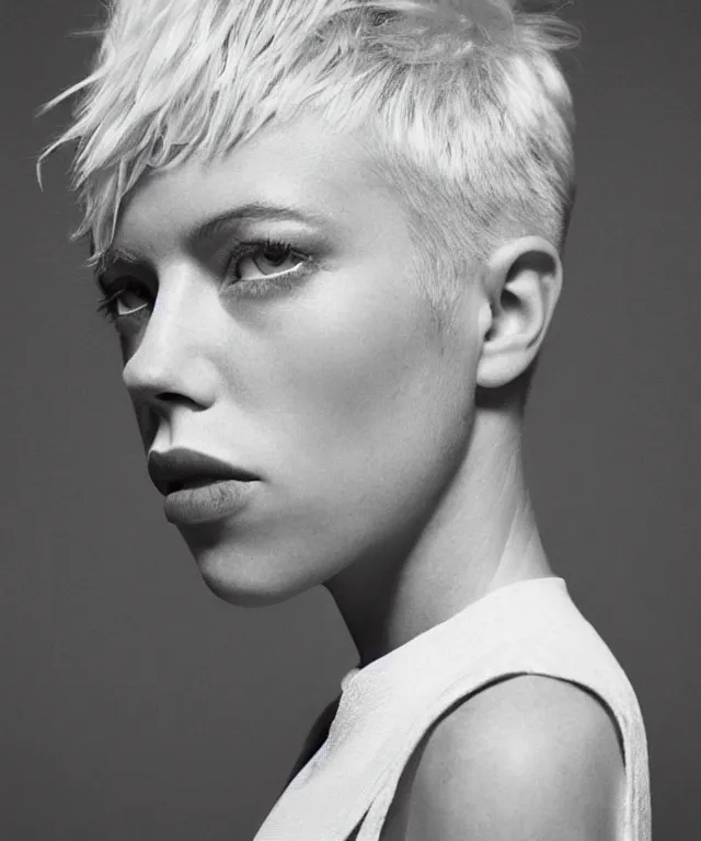 Image similar to a color photograph of edie campbell, bleached blonde short hair, by carrie mae weems, intense, bold, hyperrealistic, ultra sharp, extra details, ultra high quality, trending on pinteresst