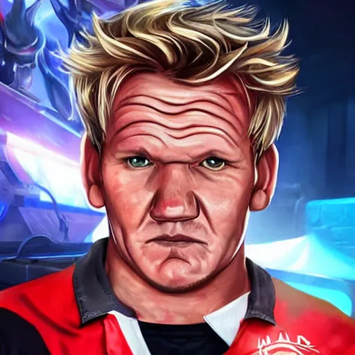 Image similar to Gordon Ramsay as a character in the game League of Legends, with a background based on the game League of Legends, detailed face