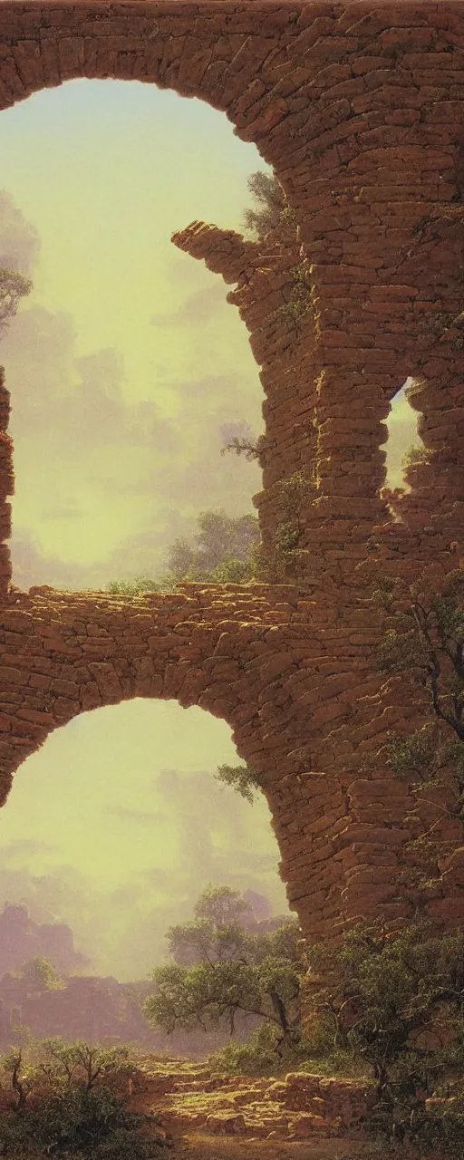 Prompt: A stone-brick archway, through which can be seen a desolate savannah, by Bruce Pennington and Albert Bierstadt