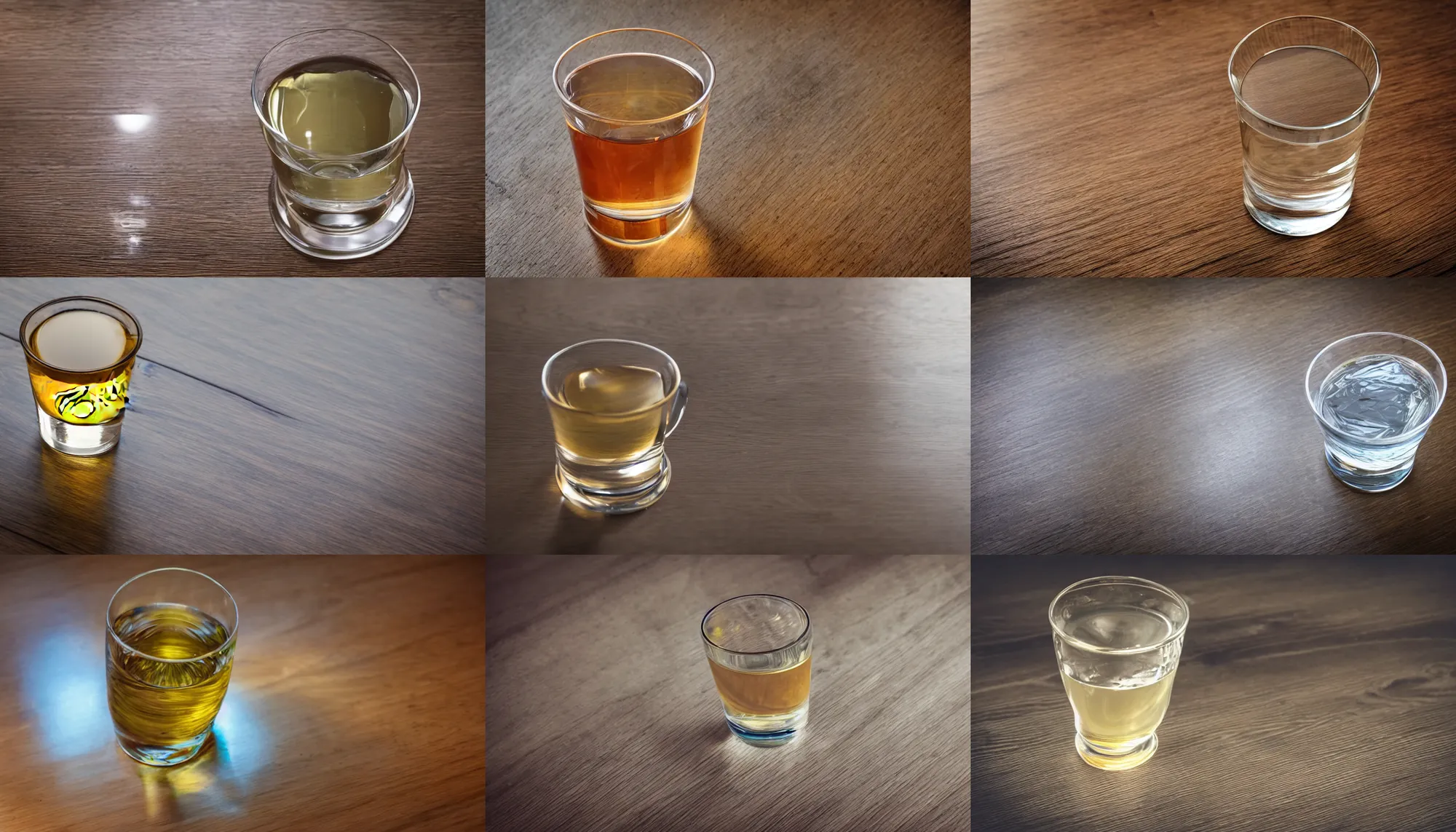 Prompt: light refraction of a empty glass cup on a wooden table