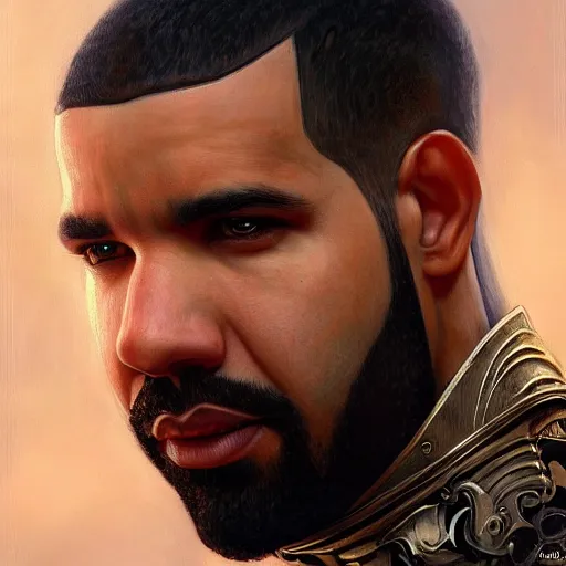 Image similar to drake as a realistic fantasy knight, closeup portrait art by donato giancola and greg rutkowski, digital art, trending on artstation, symmetry!!