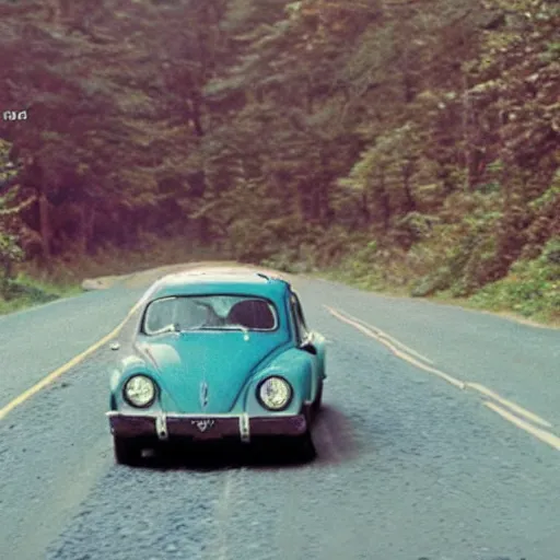 Image similar to promotional scifi - mystery movie scene of a ( volkswagen beatle ) and ladybug hybrid that's more ladybug. racing down a dusty back - road in smokey mountains tennessee. cinematic, 4 k, imax, 7 0 mm, teal autochrome, hdr