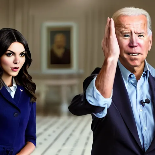 Image similar to victoria justice as joe biden, 8 k resolution, cinematic lighting, anatomically correct