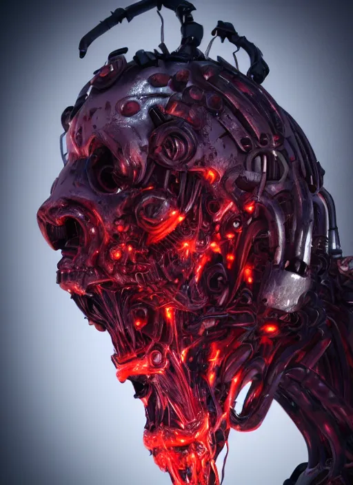 Image similar to a portrait up of a creepy looking biomechanical demon head, gigeresque cyberpunk art by ikuo hirayama, photorealism, octane render, behance hd, polycount, glowing fire background