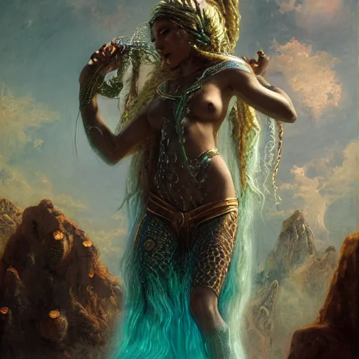 Image similar to birth of mami wata, sumerian goddess inanna ishtar, ashteroth, techno mystic goddess princess intergalactica, with aqua neon rapunzel dreadlocks, mami wata, detailed, by gaston bussiere, bayard wu, greg rutkowski, giger, maxim verehin, greg rutkowski, masterpiece, sharp focus,