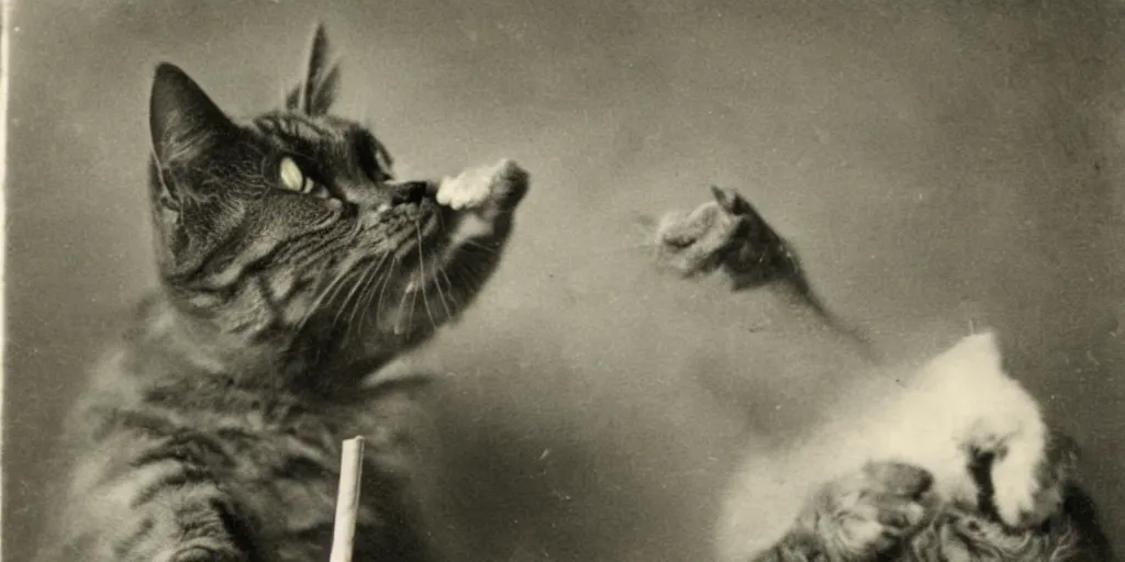 Prompt: vintage photo from 1900 of a cat smoking a cigar, portrait award winning, funny