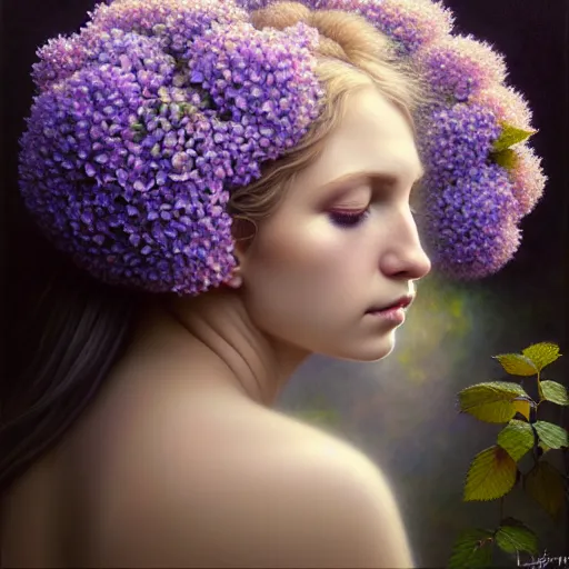 Image similar to portrait of a lilac hair beautiful goddess of light through hydrangeas flowers, soft rose, and dried petals, painterly, methaphoric, intricate and elegant, highly detailed photorealistic painting, decorative lines, sharp focus, 8 k, by tomasz alen kopera, h 6 6 0