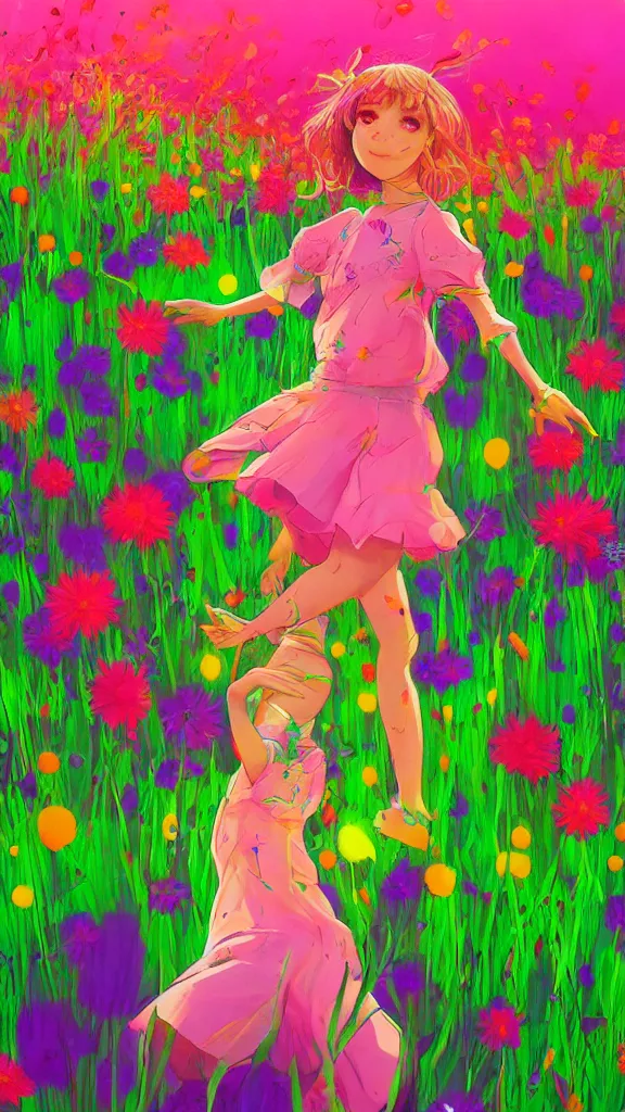 Image similar to portrait of a girl dancing in a field full of fluo flowers, detailed, elegant, highly detailed, artstation, concept art, illustration, sharp focus, anime, art by GA IS,