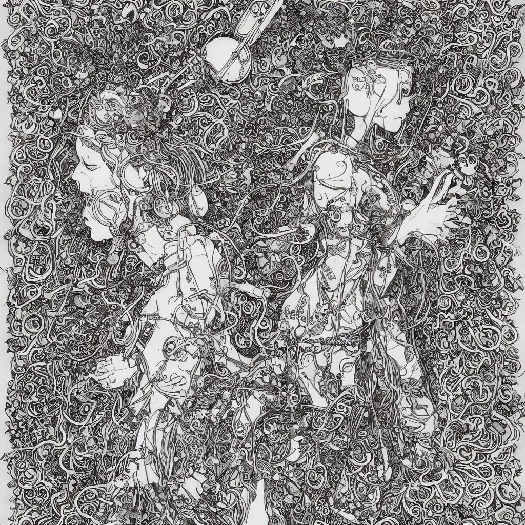 Image similar to goddess of the fields wearing a VR headset a necklace made out of bones holding a playstation controller in one hand and a knife in the other, in the style of James Jean and Hiroya Oku, manga, extremely detailed, ambient lighting, intricate penwork, beautiful, epic, 8k, 3d render