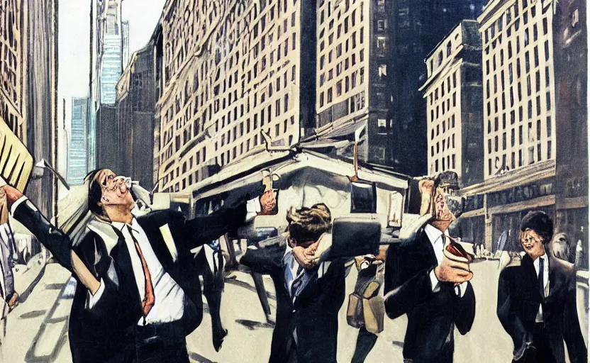 Image similar to photorealistic picture of wall street banker 8 0's style