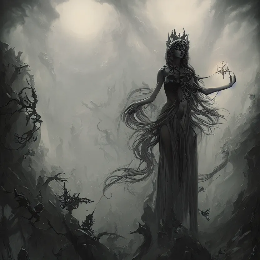 Prompt: stunning Gothic goddess of beauty, mystical, dark and mysterious, atmospheric, ominous, eerie, cinematic, realistic, by Peter Mohrbacher, featured on deviantart, fantasy art