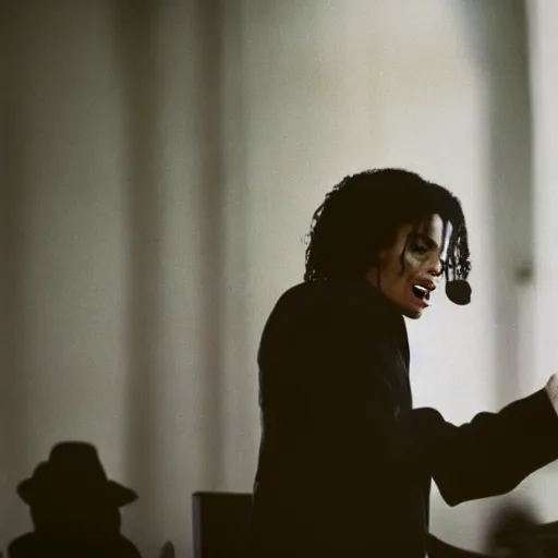 Image similar to cinematic still of Michael Jackson preaching at a Baptist Church in Rural Tennessee, close up, shallow depth of field, cinematic